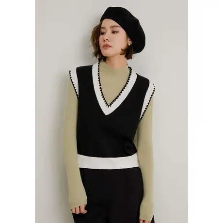 弥古v领毛衣马甲女2023新款秋冬叠穿针织背心高级感时尚撞色上衣图片