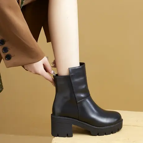 真皮高跟短靴女2023秋冬新款粗跟靴子女士时尚冬款高跟鞋短筒女靴商品大图