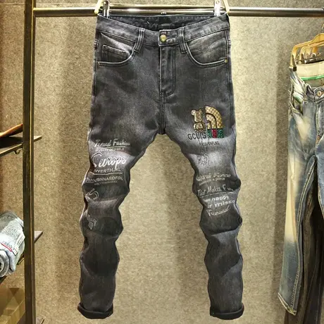 黑灰色潮牌印花牛仔裤男款修身小脚弹力裤子高端烫钻个性百搭长裤商品大图