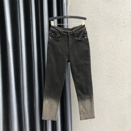 黑色加绒直筒裤女2023秋冬新款重工烫钻渐变色休闲百搭牛仔九分裤商品大图