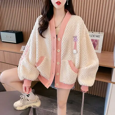 羊羔毛外套女秋冬季韩版宽松大码撞色加绒加厚保暖小个子开衫卫衣图片