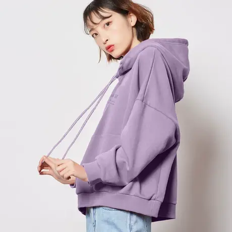 唐狮春秋加绒卫衣女连帽卫衣女韩版宽松短款上衣ins潮紫色外套商品大图