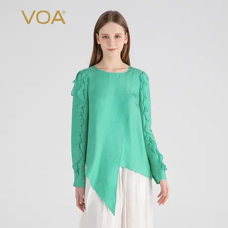 VOA20姆米暗纹提花桑蚕丝圆领长袖荷叶花边装饰宽松个性真丝T恤衫图片