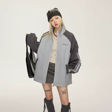 美式复古立领女外套春秋款2023新款拼接插肩袖宽松爬山夹克商品大图