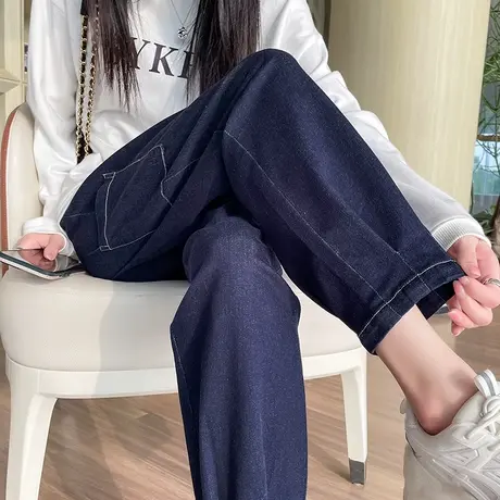 高腰老爹裤女宽松深蓝色春秋季2024年新款九分显瘦工装伦牛仔裤子商品大图