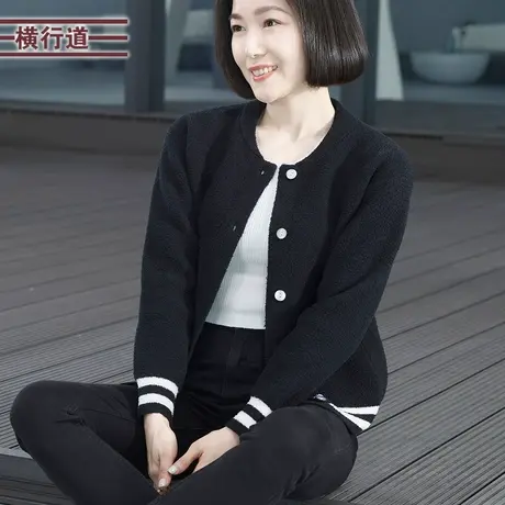 圆领宽松棒球服毛衣外套撞色大码妈妈女装开衫2025新款春装针织衫图片