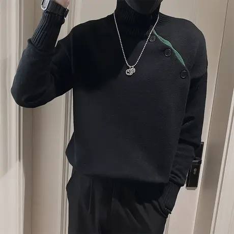 秋冬季个性毛衣男斜排扣针织衫2024新款男装上衣冬装长袖打底衫潮商品大图