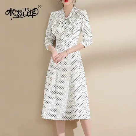 【1件7.9折】秋装新款简约时尚女装裙子修身中长款波点印花连衣裙商品大图