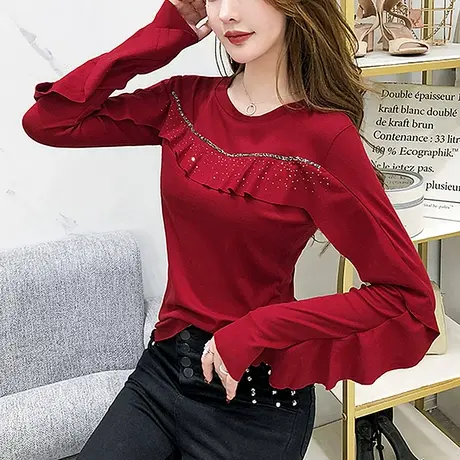 2023流行女装新款烫钻T恤女长袖春秋设计感洋气上衣荷叶边小衫潮商品大图