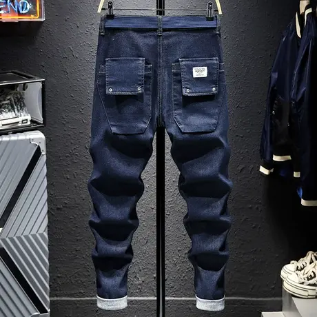 秋冬款时尚潮牌蓝色牛仔裤男修身小脚百搭男士日系原色休闲长裤子商品大图