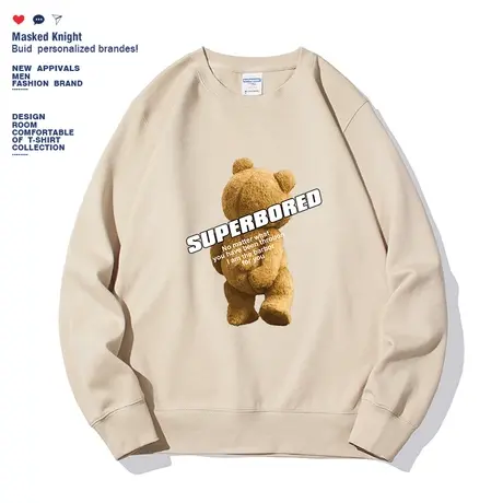 秋季新款趣味卡通小熊印花卡其色圆领卫衣男港风ins宽松休闲上衣商品大图