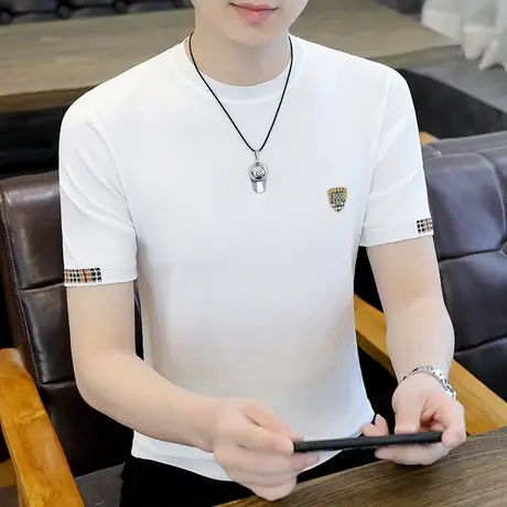 短袖夏季T恤男潮流冰丝针织打底衫半袖百搭夏装男款圆领体恤上衣商品大图