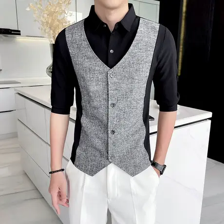 假两件衬衫男士春夏季薄款马甲衬衣一体式上衣发型师工作短袖服装商品大图