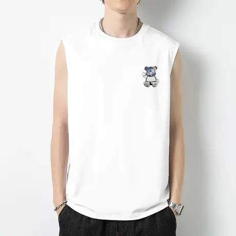 230g重磅纯棉白色背心男健身运动夏季液氨长绒棉小熊坎肩无袖t恤商品大图