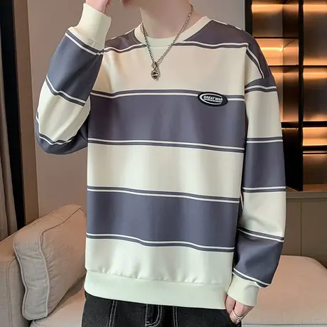 圆领卫衣男潮牌春秋季新款条纹长袖t恤男宽松休闲百搭打底衫衣服商品大图