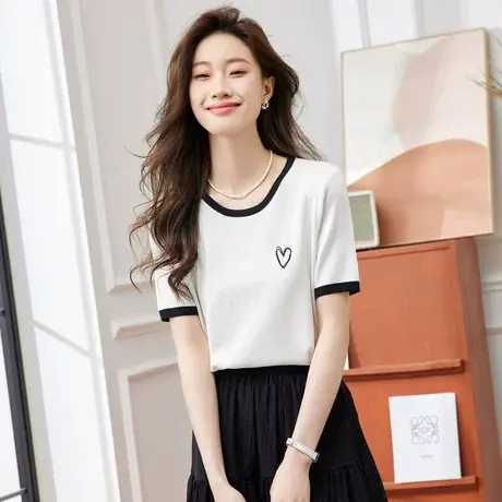 时尚气质圆领短袖针织衫2023年夏季新款淑女温柔宽松显瘦通勤上衣商品大图