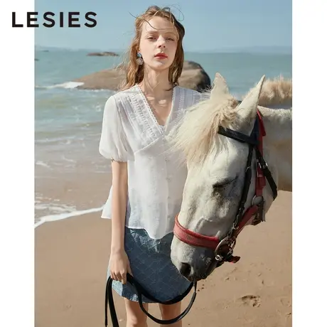 LESIES蓝色倾情夏装新款女装花边V领淑女上衣法式小衫吊带两件套商品大图