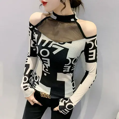 性感露肩T恤女长袖洋气字母印花上衣2024年新款修身镂空网纱小衫商品大图