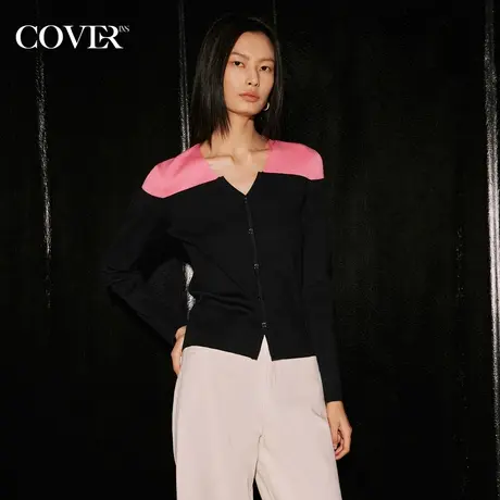 COVER秋季撞色修身V领羊毛针织衫商品大图