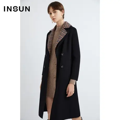 INSUN恩裳线上专选冬季双排扣格纹羊毛毛呢外套商品大图