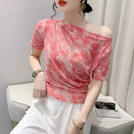 性感一字肩T恤女短袖2024夏装新款气质印花小衫欧货别致网纱上衣商品大图