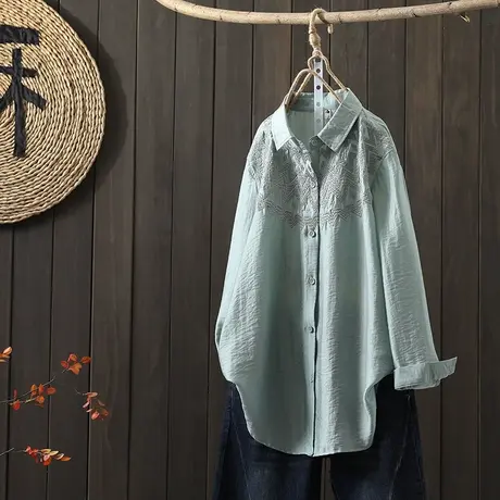 枫谜21年春装新款文艺复古刺绣中长款棉麻衬衫女宽松纯色亚麻衬衣图片
