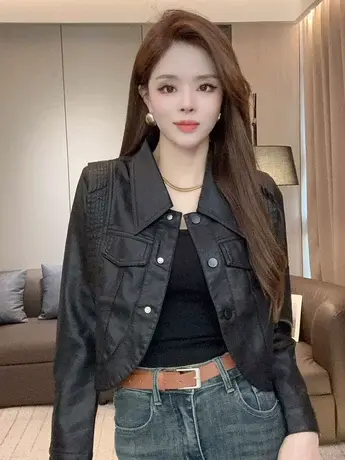 美式皮衣外套女装短款2023秋季新款小个子pu皮夹克复古机车服上衣图片