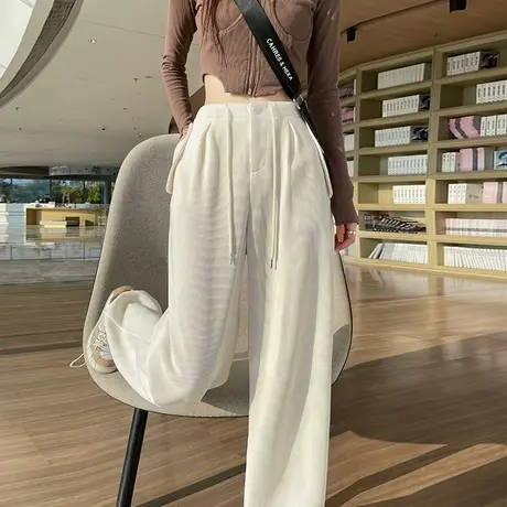 灯芯绒阔腿西装裤女秋冬季新款高腰垂感米白雪尼尔窄版直筒休闲裤商品大图