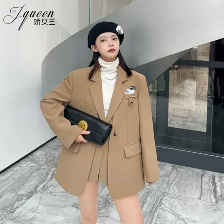 卡其色西装外套女春秋上衣新款设计感假两件宽松休闲英伦风小西服商品大图