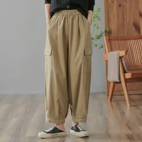 dza 高腰显瘦宽松阔腿裤子女士长裤春秋休闲哈伦裤纯棉哈伦工装裤图片