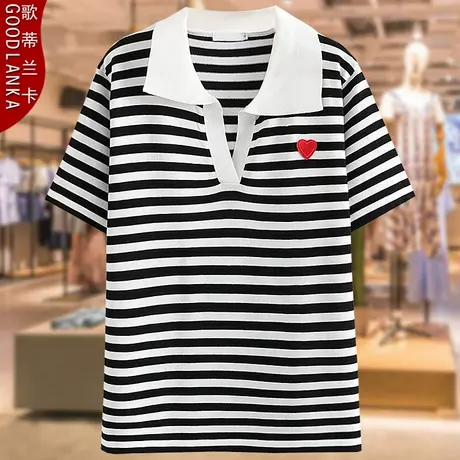 夏季大码短袖POLO领T恤宽松显瘦中年妈妈装加肥加大条纹针织上衣商品大图