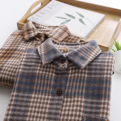 2020秋冬外套复古文艺范毛呢衬衫女港味韩版宽松加厚磨毛格子衬衣图片