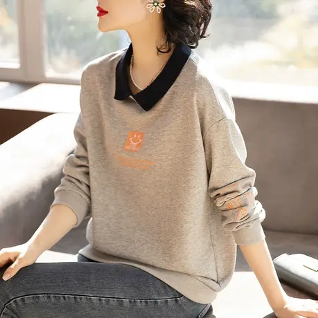 翻领卫衣女春秋新款加肥加大码女装宽松中年妈妈休闲百搭显瘦上衣商品大图
