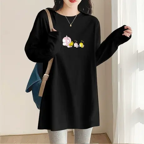 圆领印花中长款长袖T恤女2022年秋季新款韩版百搭宽松打底衫内搭图片