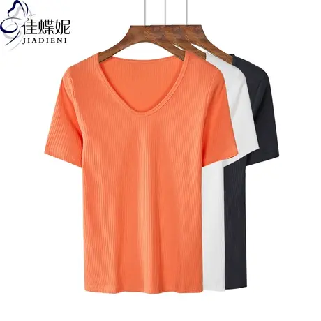 夏季新款韩版纯棉宽松螺纹纯色圆领休闲短袖体恤上衣女装T恤图片