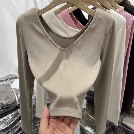 V领T恤女2023秋季新款修身百搭短款长袖洋气减龄打底小衫上衣体恤图片