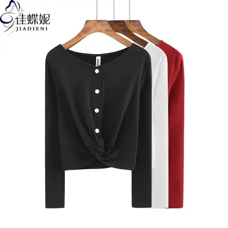 春秋新款长袖T恤女加厚韩版简约纽扣内搭网红同款V领上衣显瘦短款商品大图