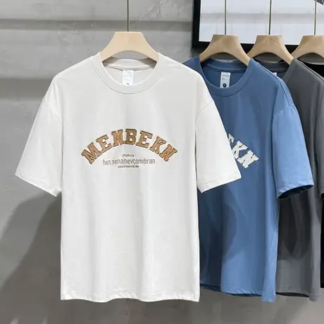 美式休闲字母刺绣潮牌圆领白色短袖t恤男士夏季宽松半袖体恤衣服商品大图