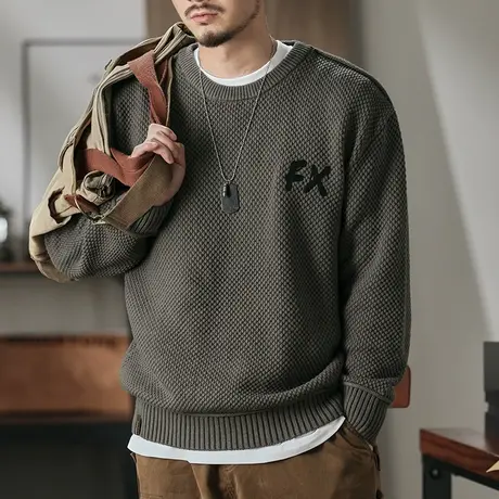 毛衣男款复古长袖冬季定制精梳混纺睛轮棉百搭圆领潮流宽松毛衣男图片