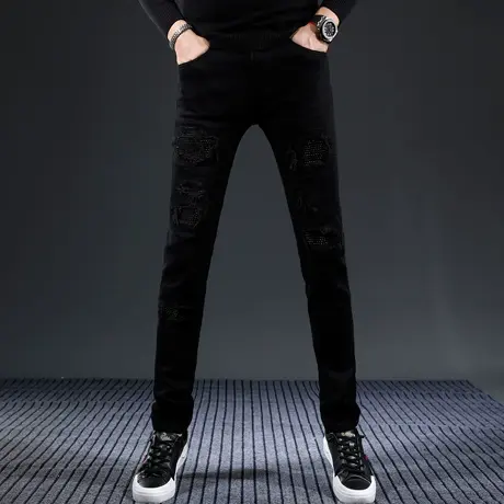 黑色破洞牛仔裤男2023秋冬新款修身小脚弹力补丁时尚烫钻弹力裤子商品大图