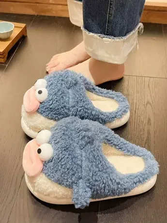 嘟嘴唇河豚棉拖鞋女冬季可爱卡通情侣保暖毛毛加绒厚底月子拖鞋商品大图