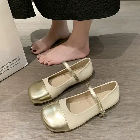 拼色浅口玛丽珍鞋女2024新款一字扣带圆头平底鞋软底瓢鞋仙女单鞋商品大图