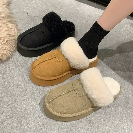 包头半拖鞋女秋冬新款2023年保暖休闲外出松糕鞋厚底增高面包棉鞋商品大图