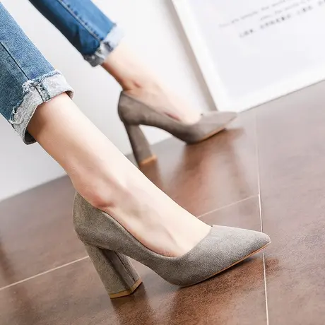 2019春季新款网红高跟鞋女粗跟尖头学生百搭浅口鞋黑色工作鞋性感商品大图