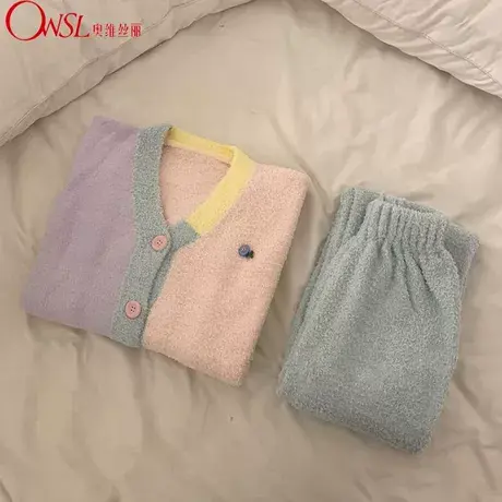 韩系拼色睡衣女秋冬季高级感半边绒可外穿加厚家居服商品大图
