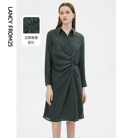 朗姿气质polo领纯色褶皱收腰长袖衬衫裙连衣裙女2022年秋季新款商品大图