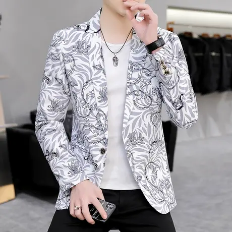 韩版痞帅时尚印花西服男士个性潮牌外套上衣春秋季新款2022小西装商品大图