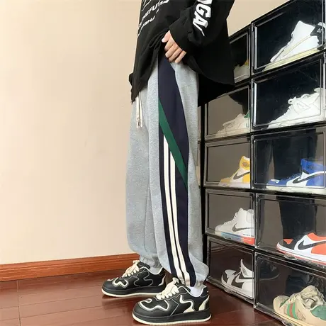 秋冬季青少年束脚卫裤初高中生加绒裤子男孩条纹休闲裤宽松运动裤图片