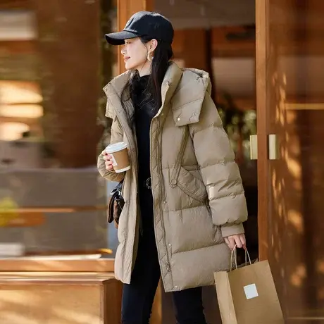 时尚气质羽绒服2023年冬季新款女连帽百搭通勤加厚收腰中长款外套图片