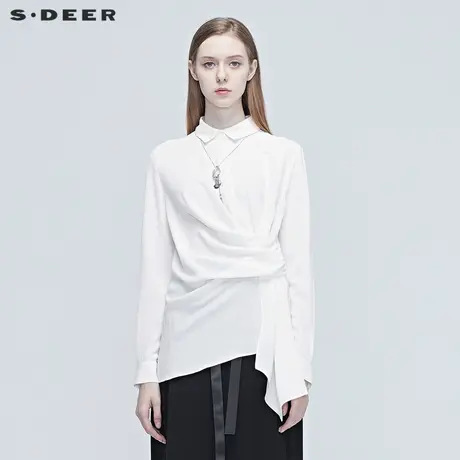 sdeer圣迪奥女装春装翻领拼接褶皱收腰长袖衬衫S20380503图片